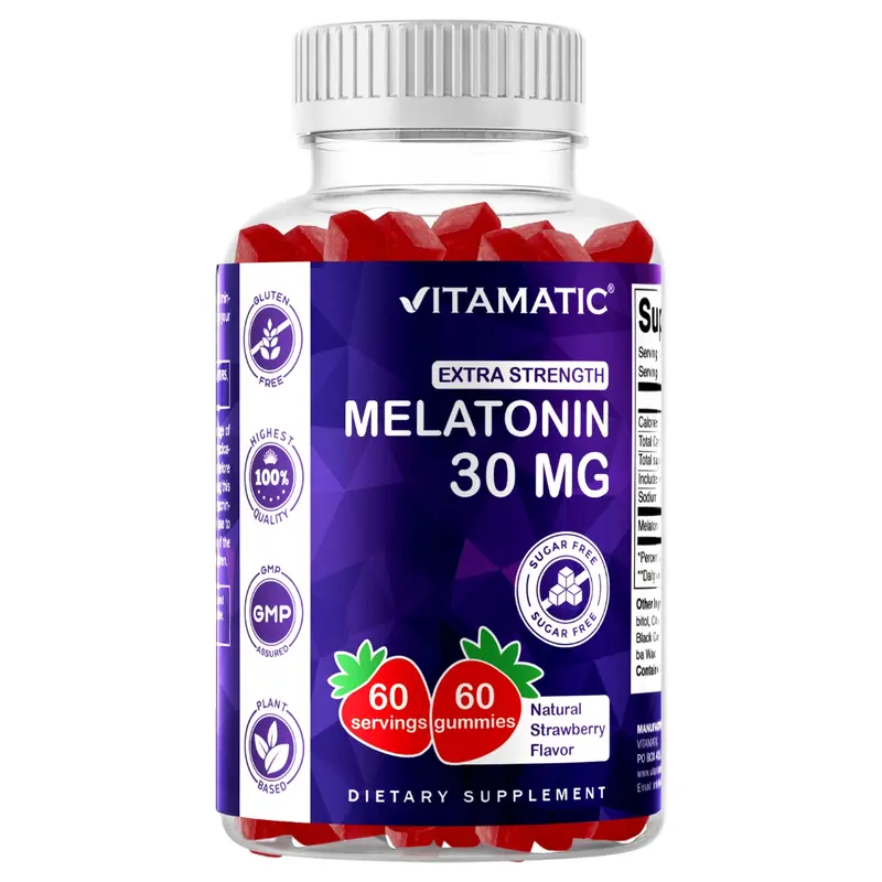 Vitamatic Sugar-Free Gluten-Free Vegan Melatonin Gummies Sleep Supplement - 30mg per Gummy, 60 Count (Pack of 1), Deep Sleep & Insomnia Relief, Non-Habit Forming Natural Routine Aid