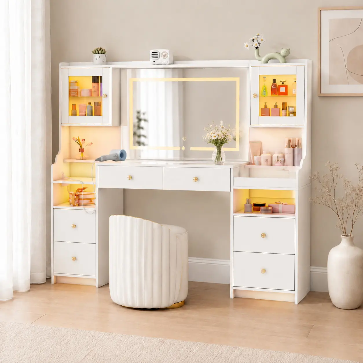 42" White Vanity with Tempered Glass Top & Smart RGB Drawer, Makeup Vanity with Velvet Dividers, Metal Guard Rails & Adjustable Cabinet, LED Lights Vanity Desk for Bedroom