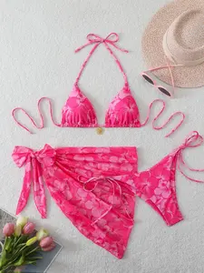 Women's Sexy Backless Triangle Flower Print Wrapped Bikini Set, Mesh Apron & Self-Bound Side Swimsuit, Perfect for Summer Beach Vacation
