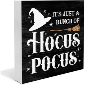 Halloween Decorations Indoor Vintage Halloween Wood Sign Hocus Pocus Decor Farmhouse Home Table Desk Decor (5 x 5 Inches)