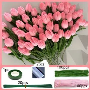 218 Piece Lily Tulip Pipe Cleaner Bouquet Kit, Floral Craft Set, Artificial Faux Flowers, Includes 200 Cleaners, 15 Sticks, Tape, Perfect for Gifts