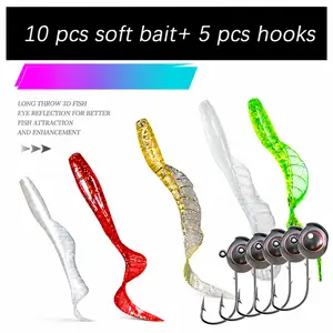 Soft Fishing Lure Kit - 10pcs Soft Baits + 5pcs 3D Eye Hooks, Ideal for Bass & Trout, Freshwater & Saltwater Outdoor Accessories
