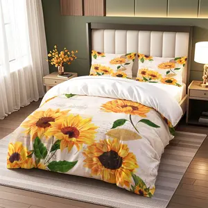 Sunflower Pattern Printed Bedding Set, Soft Breathable Polyester Fabric, All Seasons, 1 Fitted Sheet + 2 Pillowcases