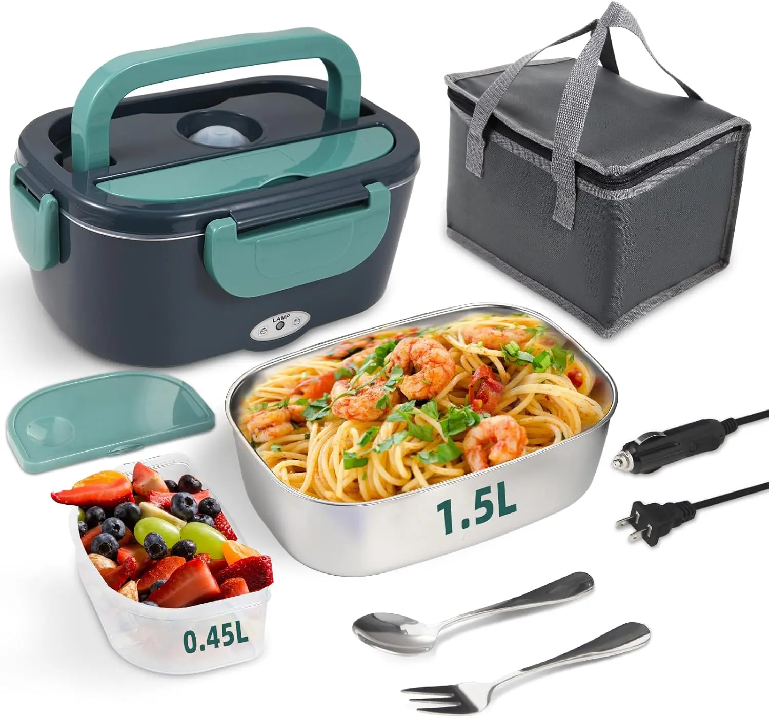 Electric Lunch Box Food Heater 80W, Portable Heated Lunch Box 12V/24V/110V for Car, Truck & Work, 304 Stainless Steel Container, Leakproof Food Warmer, Ideal for Drivers, Office, Travel & Gifts, Green