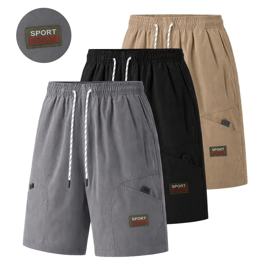 Menswear Men's Loose-Fit Polyester Casual Cargo Shorts - Mid Waist with Elastic Drawstring Waistband, Functional Pockets, Letter Patch Detailing