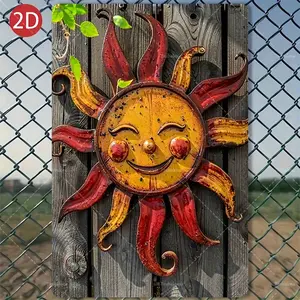 2D Flat, 1pc 8x12 Inch Rustic Iron Sun Wall Art - Outdoor Garden Decor with Vibrant Yellow & Red Rays, Weather-Resistant Metal Hanging for Patio, Yard, or Sunny Day Home Decoration, Perfect for Room Decor