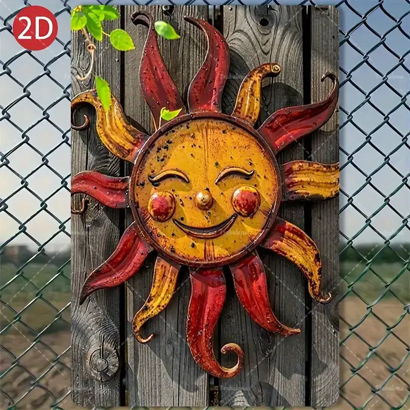 2D Flat, 1pc 8x12 Inch Rustic Iron Sun Wall Art - Outdoor Garden Decor with Vibrant Yellow & Red Rays, Weather-Resistant Metal Hanging for Patio, Yard, or Sunny Day Home Decoration, Perfect for Room Decor