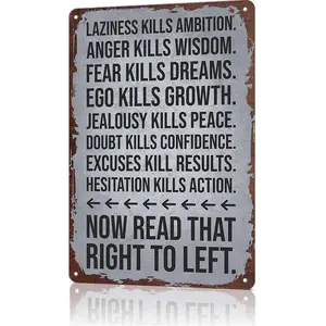 Laziness Kills Ambition Reverse Quote Metal Tin Sign, 12x8 Inch Aluminum Wall Art, Vintage Rustic Motivational Poster for Home Office, Gym, Garage, Man Cave, Bar, Inspirational Decor for Growth, Mindset, Success, Perfect Gift for Goal Getters