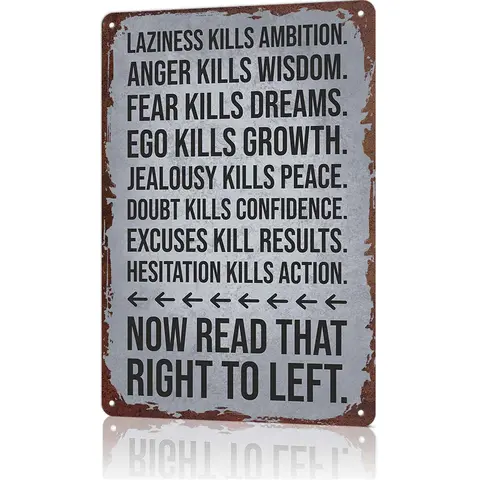 Retro-Alternative Style Aluminium Wall Plaque - 'Laziness Kills Ambition' 12x8in Rectangle Reverse Quote Metal Tin Sign, Aesthetic Home Decor for Wardrobe & Balcony, Energy Mindset Reminder Gift for Goal-Getters