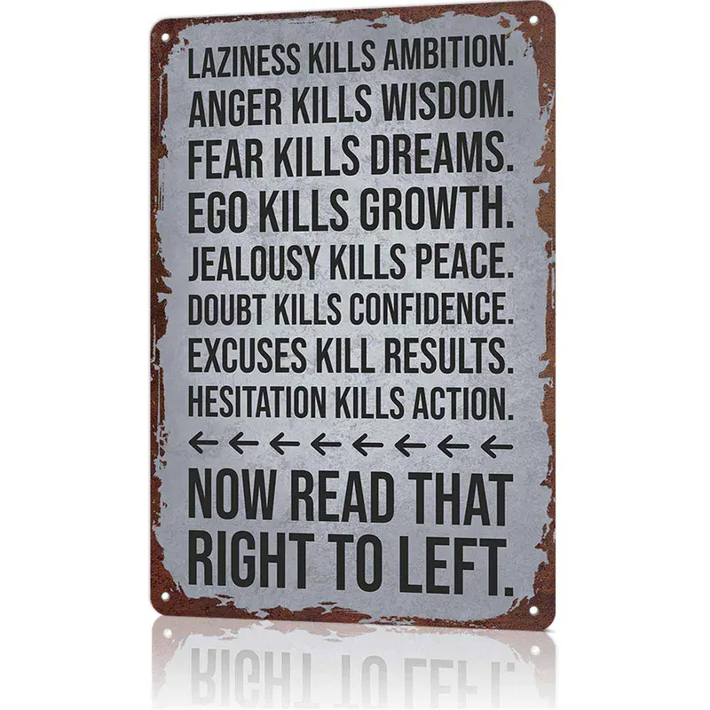 Retro-Alternative Style Aluminium Wall Plaque - 'Laziness Kills Ambition' 12x8in Rectangle Reverse Quote Metal Tin Sign, Aesthetic Home Decor for Wardrobe & Balcony, Energy Mindset Reminder Gift for Goal-Getters