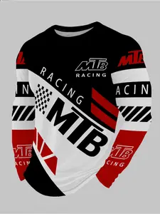 Men's MTB Printed Mountain Bike Riding Long Sleeve T-Shirt, Geometric Print Top, Casual Loose-Fit All-Season Wear, Cycling Shirt
