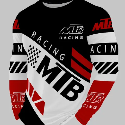 Men's MTB Printed Mountain Bike Riding Long Sleeve T-Shirt, Geometric Print Top, Graphic Athletic Top, Casual Loose-Fit All-Season Wear