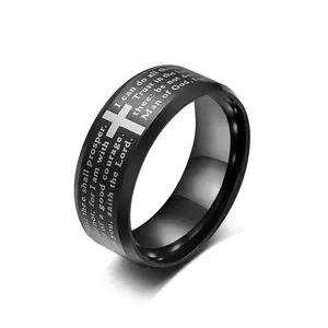 Minimalist Tungsten Carbide Laser Cross Scripture Ring; Men's Scratch-Resistant Tungsten Golden Hand Accessories