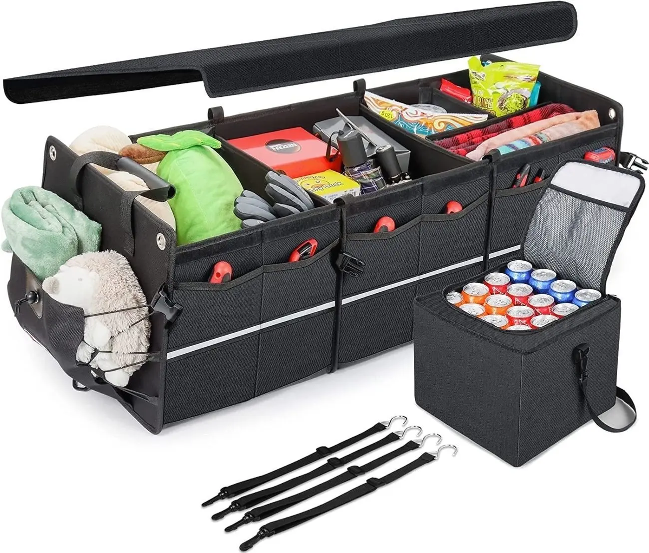 Car Trunk Organizer 110L, Collapsible Large Storage Box with Cooler Bag for Cars, Black