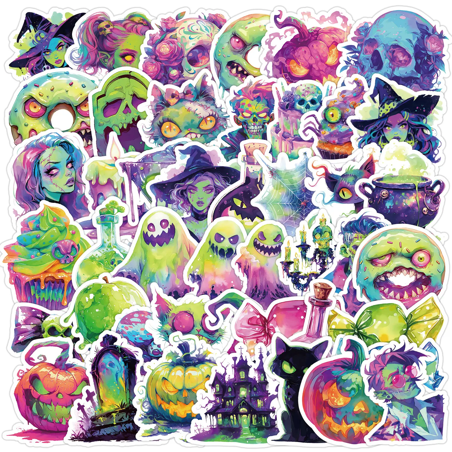 50pcs Neon Halloween Stickers, Sticker Decals, Perfect for Scrapbooking Journals Laptops Water Bottles Cars, Positive Message Gift Design