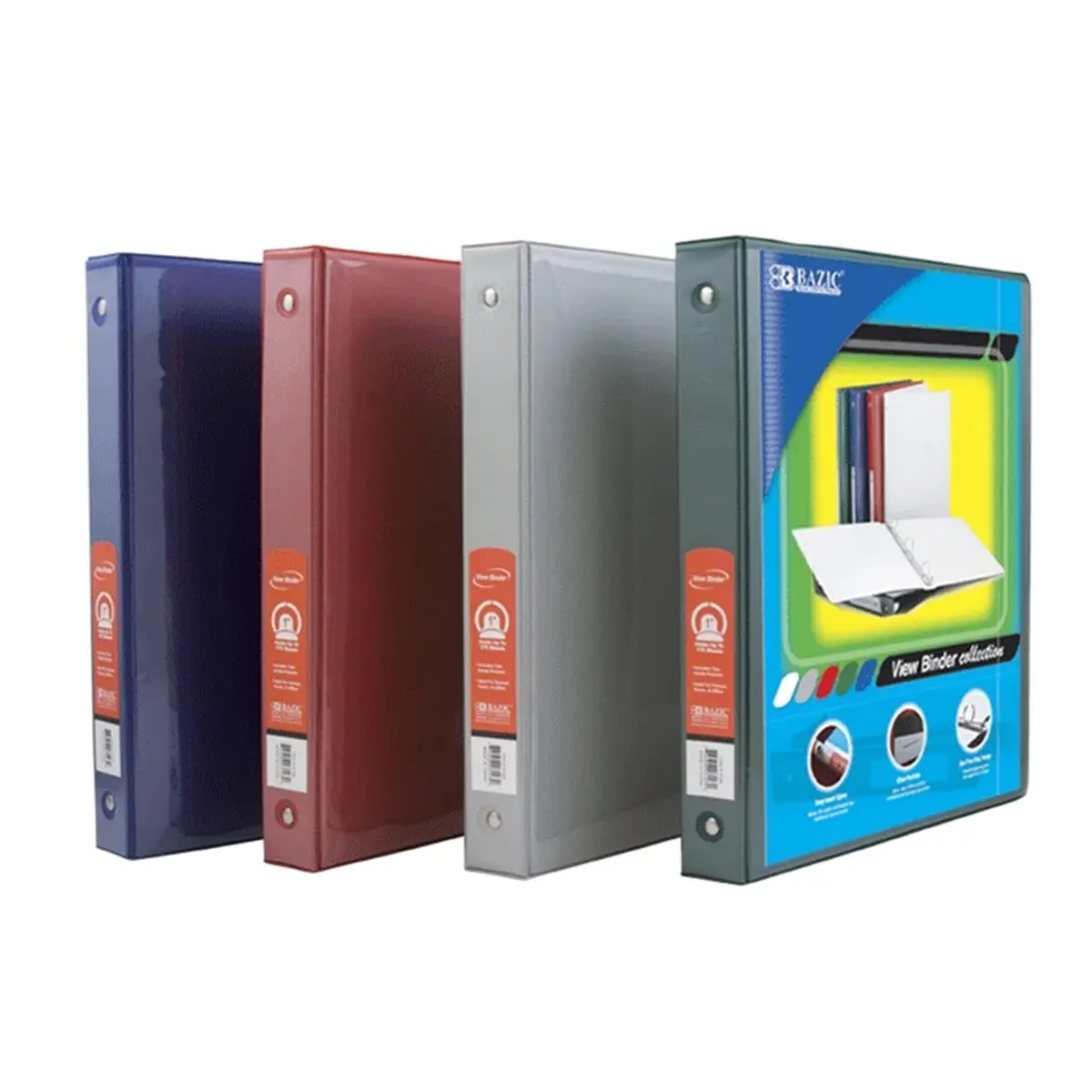 Bazic Products 1 in. Assorted Color Recycled 3-Ring View School Binder - Document Organizer Binder with 2 Pockets & PDQ, Ideal for School/Office Use, Case of 24, Recycled Material
