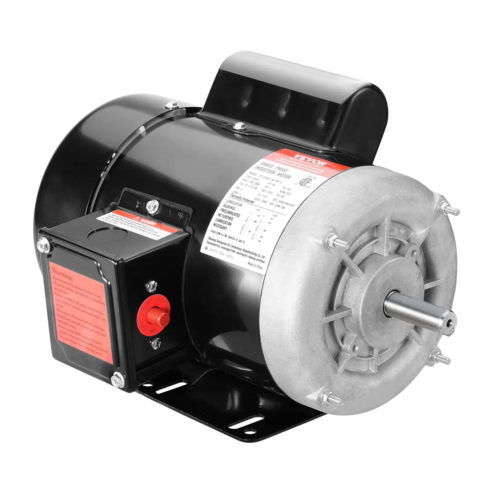 VEVOR 0.75HP Single-Phase AC Electric Motor - 1725 rpm, 115V/230V AC Power Supply, 56 Frame, 5/8" Steel Keyed Shaft, 12A/6A, 60Hz, Dual Rotation, Full Load, Overload Protection, CSA Standards Tested, for Air Compressors, DIY Projects, Repair Replacements