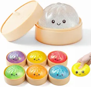 Glitter Steamed Bao Squishy Stress Toys, Soft Stretchy Squeeze Fidget Balls, Cute Food Shaped Sensory Toys for Anxiety Relief, Calming Desk Toys & Party Favors for Adults Kids