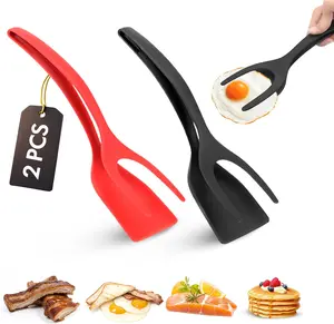 Egg Flipper Spatula Tongs (Set of 2) – Non-Stick 2-in-1 Grip & Flip Kitchen Tongs for Pancakes, Fish, Eggs, and More – Heat Resistant Cooking Tool (Black + Red)