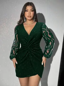Plus Size V Neck Lace Long Sleeve Dress with Simple Sequin Accent, Casual Fashion for Every Occasion, Elegant, Feminine, Fit and Comfortable Womenswear