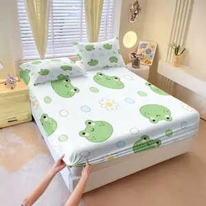 Cute frog print 3 Pcs fitted sheet set, Soft bedding sheet, with 2 coreless pillowcases, strong wrapping, frog head design with floral decorations, fresh & soft color scheme, calming style, perfect for gifting or personal use