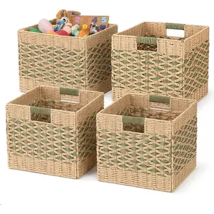12x12 Cube Storage Bins 4-Pack - Foldable Paper Rope Organizer Baskets for 13-Inch Shelves, Heavy Duty 15-Lb Capacity for Nursery Toys & Closet