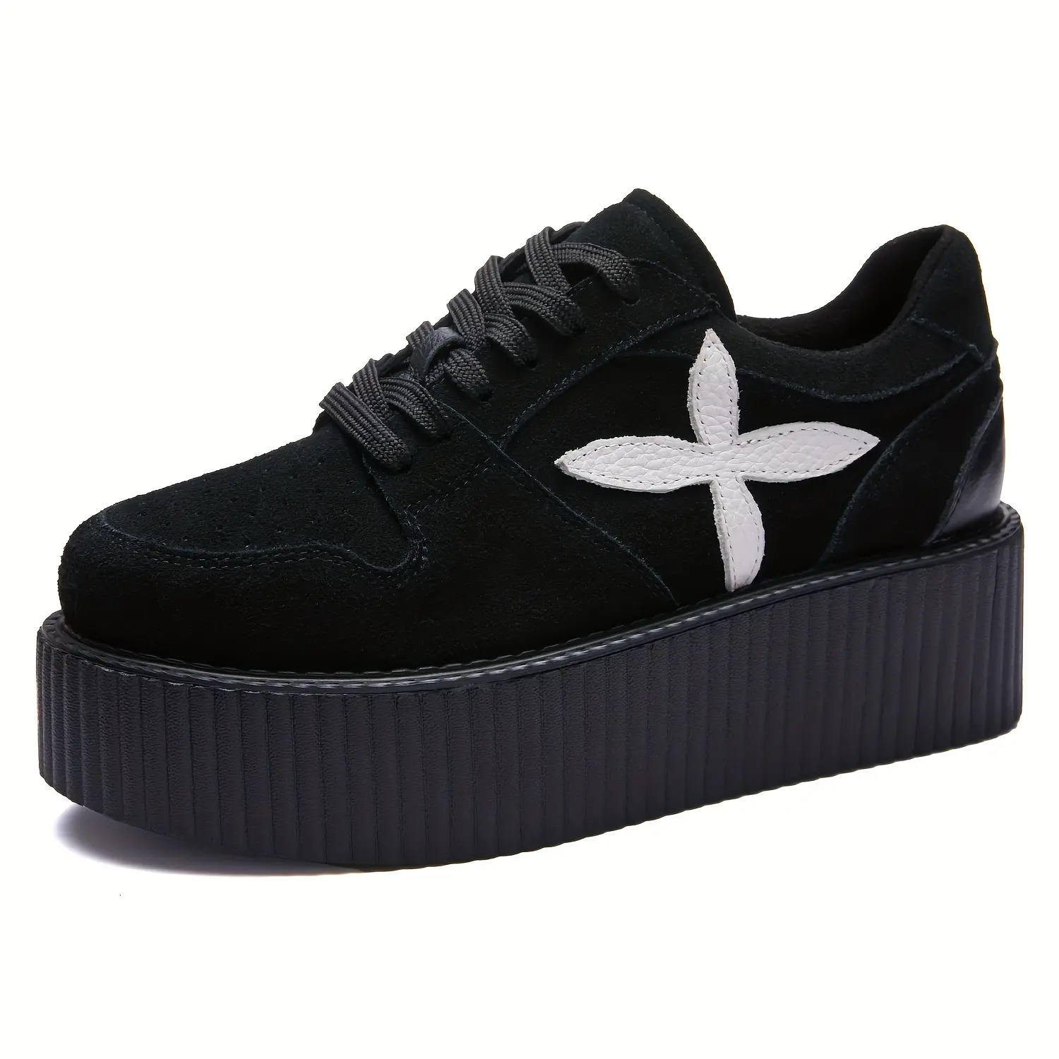 Women's RoseG Platform Shoes - Cow Suede Punk Oxfords with Lace Up Creeper Design and White Flower Embellishment