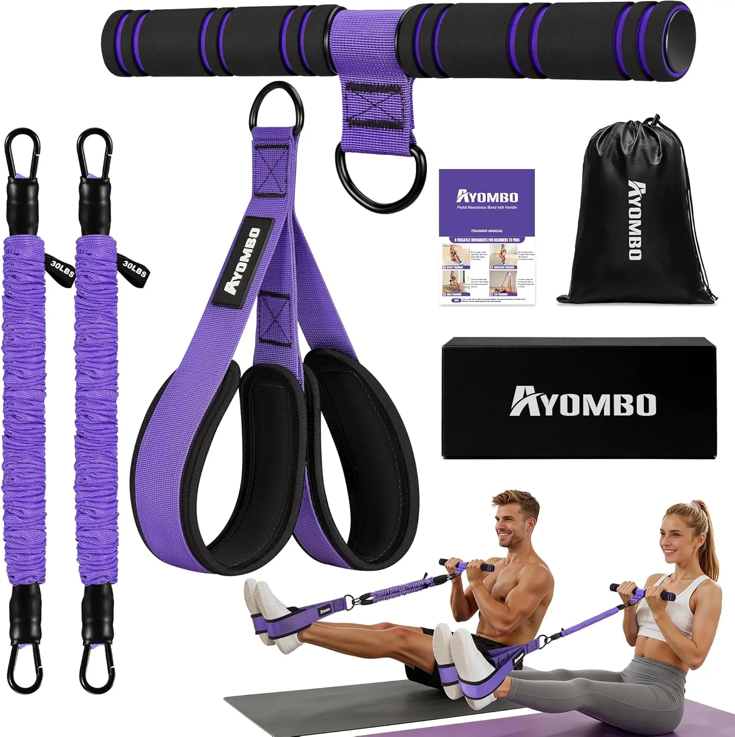 Adjustable Pedal Resistance Band with Handle, 30-60 LB Fitness Band for Arms, Legs, Core Workouts, Portable Home Sports Equipment for Women, Men