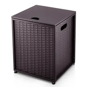 16‘’ Wide Outdoor Propane Tank Cover - 20 Lbs Tank Side Table with Storage, Dual Function for Gas Fire Pit, Grill, Griddle & Stoves，Bronze，Rattan Smooth
