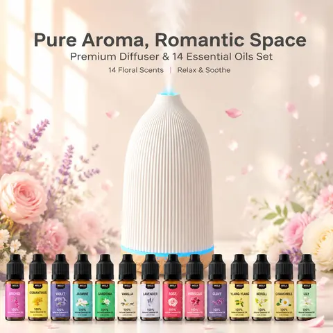MISIJI Aromatherapy Oil Diffuser & 14 Floral Essential Oil Set, 100ml Cool Mist Humidifier Vaporizer with Remote Control, Auto-Off Timer, Vanilla Scent for Relaxation, Ideal Home Diffuser for Gift Lovers, Birthdays/Anniversaries