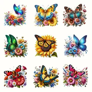 9 Pcs Butterfly Flower Heat Transfer Vinyl Patches Floral Appliques Colorful Durable Iron on Stickers for T Shirts Bags Hats High Quality DIY Craft Decals Easy Application