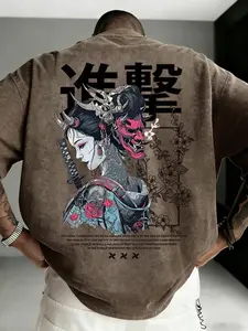 Men's Washed Cotton Anime Warrior Shirt, Breathable Pure Cotton Geisha & Samurai Sword Graphic Print Round Neck Top, Casual Streetwear Classic Daily Wear