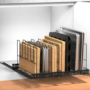 Housolution Pull Out Large Baking Tray and Cookie Sheet Organizer, 13"-22" Width Expandable Cutting Board Holder with 8 Adjustable Dividers, 21.5" Deep Bakeware Storage Rack for Cabinet, Black