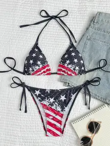 Women's Sexy Flag Print Bikini Swimsuit, Two-Piece Split Design Swimwear, Fashionable Beachwear for Women, Comfortable & Stylish, All Seasons Wear