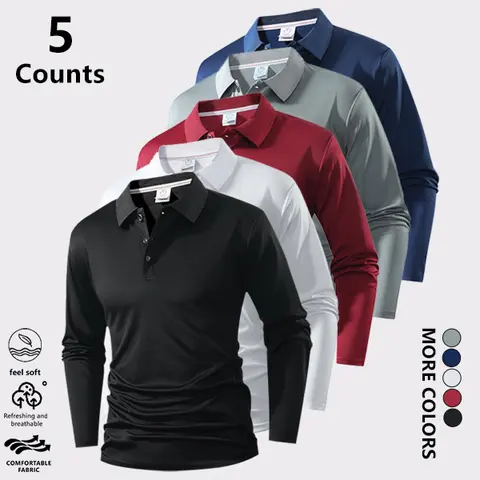 Men's Classic Plain Long-Sleeve Fitted Cut Polo Shirts (Pack of 5), 100% Polyester Solid Color Collared Tops with Button Closure, Versatile for Daily Commuting & Casual Party Wear