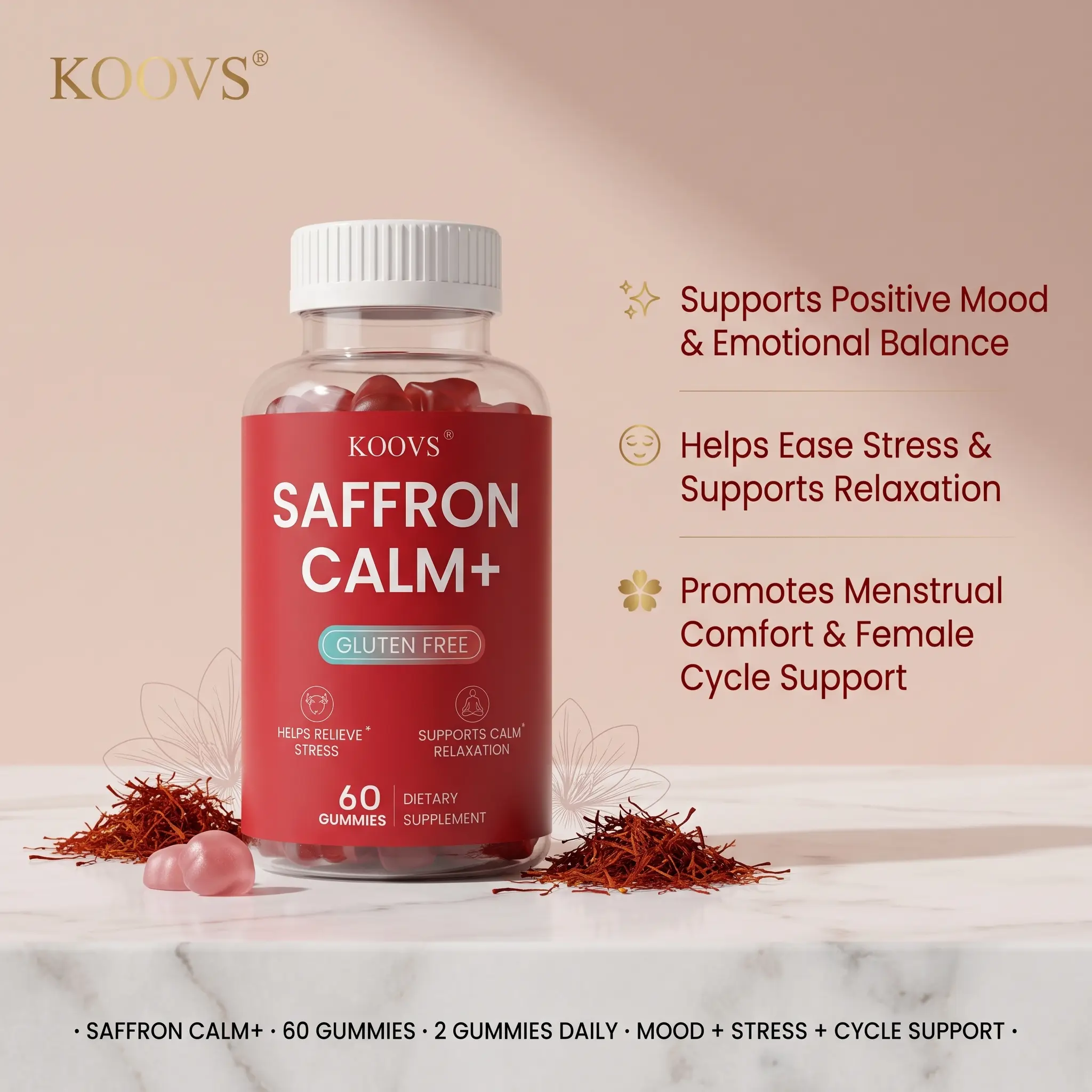 Saffron Gummies – Supports Positive Mood, Stress Ease & Menstrual Comfort | with Chasteberry, Vitamin B6 & CoQ10 | 60 Gummies dietary supplement woman gummies