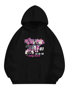 Sanrio Hello Kitty Racing Hoodie - Black with Pink and White Design, Long Sleeve, Casual Style, All-Season Wear, Comfortable & Playful
