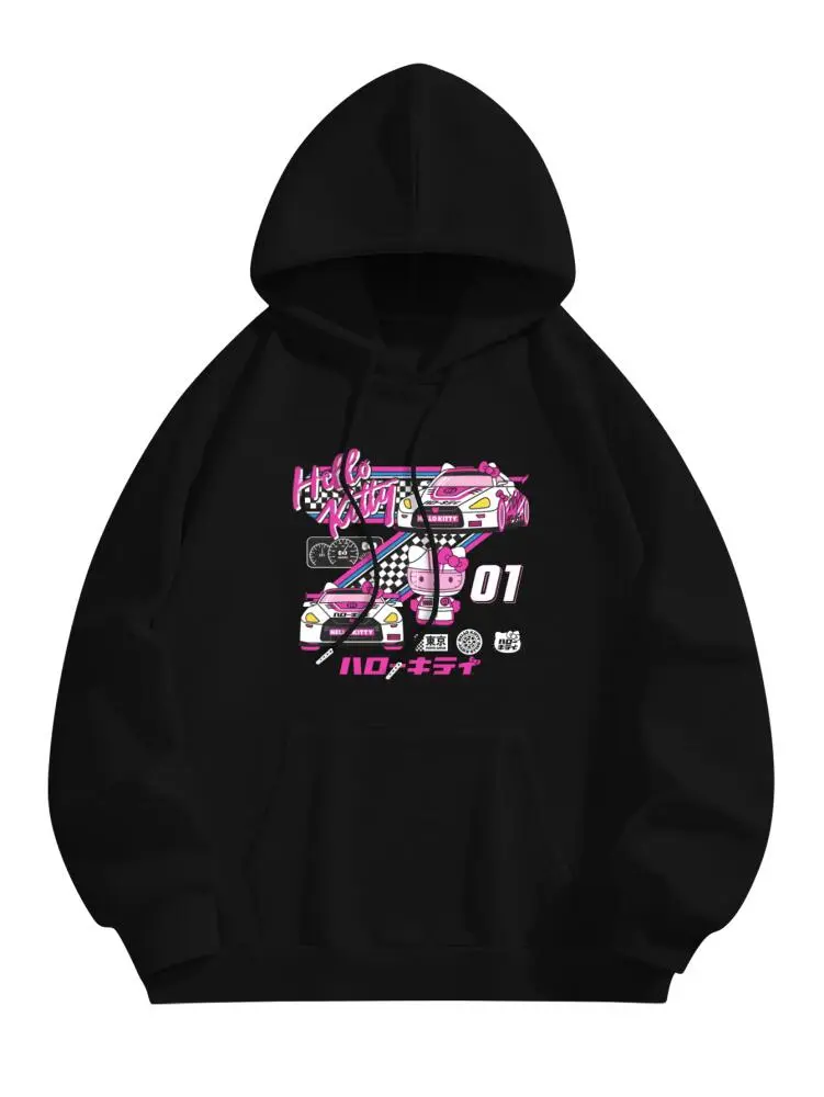Sanrio Hello Kitty Racing Hoodie - Black with Pink and White Design, Long Sleeve, Casual Style, All-Season Wear, Comfortable & Playful