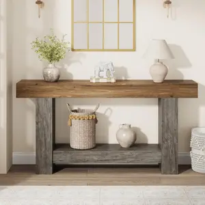 Farmhouse 2-Tier Entryway Console Table, 63" Long Sofa Accent Table Behind Couch with Open Storage, Rustic Wooden Hallway Table for Entrance Living Room
