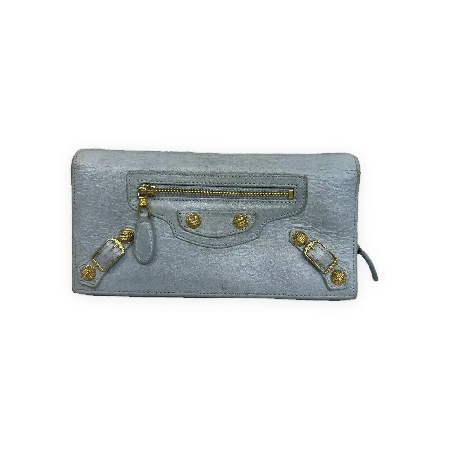 Pre-owned Balenciaga Aren (distressed lambskin leather) Small leather goods Aren Distressed Lambskin Leather Classic Continental Wallet Small Leather Goods, Light Blue, Very Good, Snap, Gold, Light Wear With Minor Marks Or Scratches, S014260420024, Authen