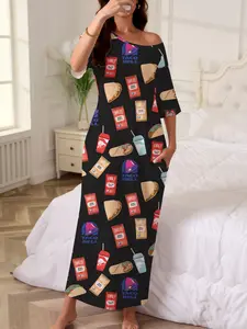 Women's Casual Chicken Roll Drink Printed Nightgown Robe, Loose-Fitting Short Sleeve Long Dress, Fall Winter Homewear with Pockets