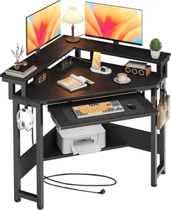 Corner Desk with Power Outlets & LED Lights 44.5" Triangle Computer Desk with Keyboard Tray Monitor Stand & Storage Shelves for Small Space