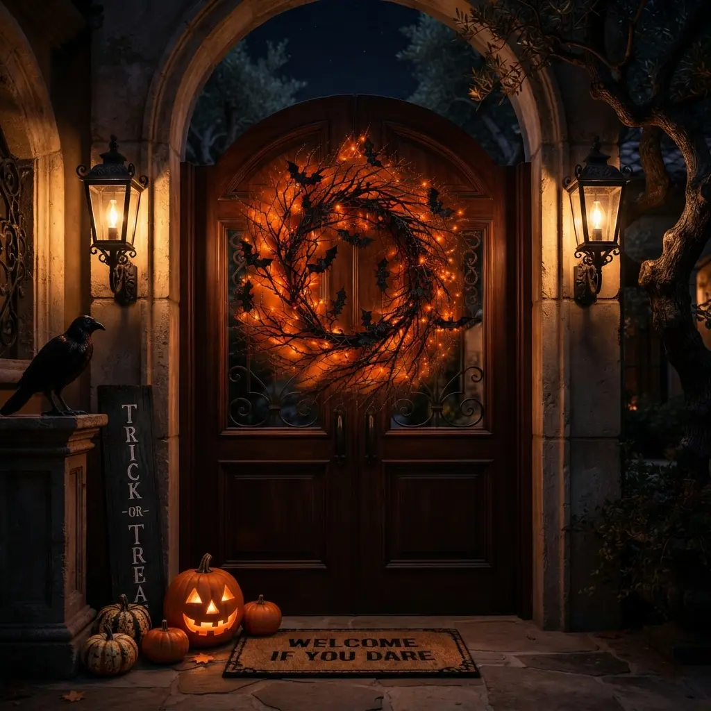 Spooky Halloween Bat Wreath with LED Fairy Lights, Lighted Twig Wreath for Front Door Decor, Battery Operated Glowing Orange Halloween Wreath for Outdoor Porch, Wall, Entryway, Festive Holiday Decoration, Spooky Seasonal Home Accents