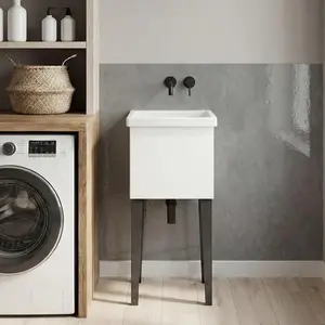 SAYGOGO Bari Freestanding Compact Plastic Laundry Utility Sink with 4 Legs & Storage Cabinet, Space-Saving Utility Tub for Laundry Room, Garage & Kitchen
