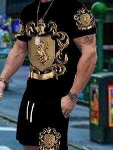 Men's 3D Digital Print Fashion Set - Casual Short Sleeve T-Shirt & Drawstring Shorts, Breathable Polyester, Machine Washable Clothes Menswear