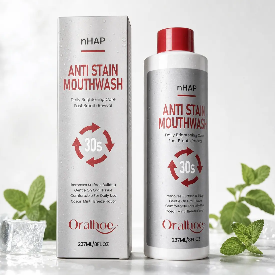 Oralhoe Fresh Mint Mouthwash 237ml / 8fl oz, Gentle Daily Oral Rinse for Long-Lasting Fresh Breath, Mild Formula for Home Daily Oral Care