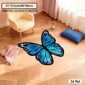 2D flat irregular-shaped carpet, blue butterfly decorative pattern for a fresh and natural style bedroom decoration at the side of the bed