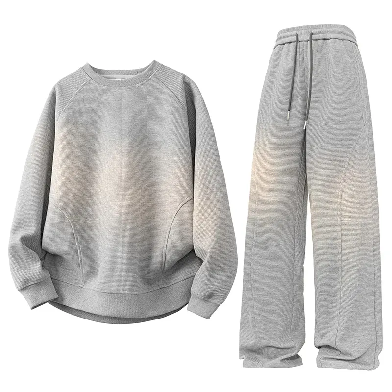 New Autumn Men’s Two-Piece Waffle Knit Set — crewneck sweatshirt with slanted shoulder cut and loose jogger pants, casual athleisure wear for everyday home workouts Baggy Beige