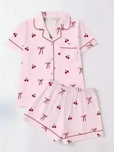 Women's Cherry Bow Printed Sleepwear Set, Casual Fitted Short Sleeve Shorts & Cardigan, All Seasons Home Wear Two-Piece Suit