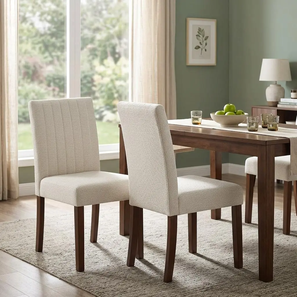 Set of 2 Modern Comfort Dining Chairs with High Back Soft Linen Upholstery Sturdy Wooden Legs and Vertical Stripes Ideal for Dining Room Restaurant and Cafe Beige